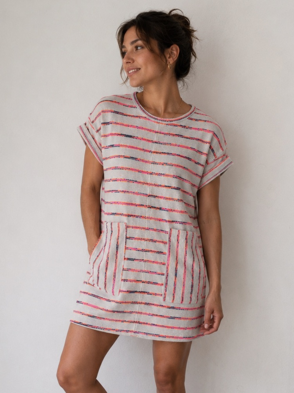 Lou & Grey Neon Pink/Orange Stripped Terry Dress Women’s Petite XSP